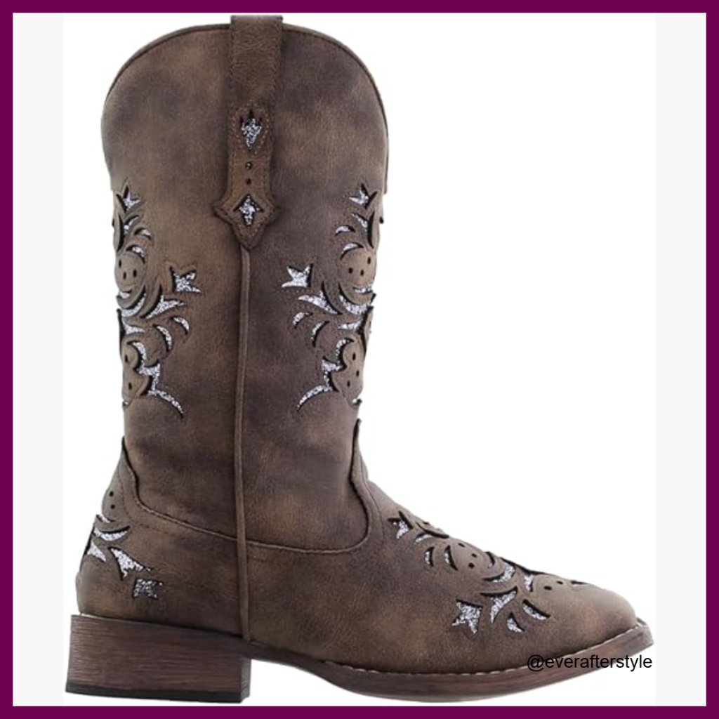 Faux Leather Mid-Calf Western Boots With Glitter Tooled Inlay